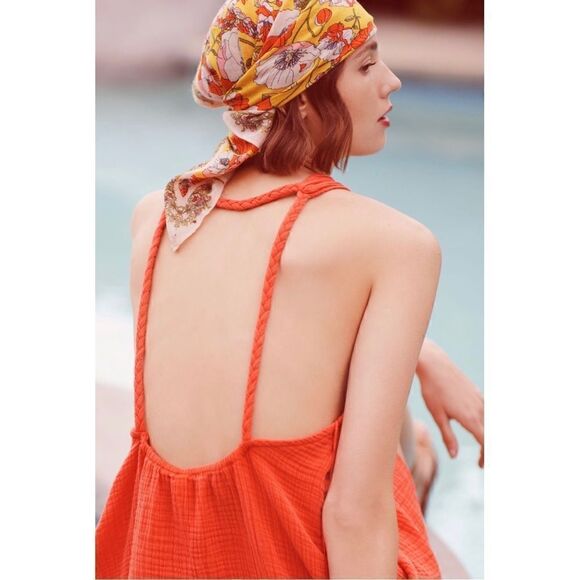 NEW Anthropologie Braided V-Neck Halter Cotton Orange Mini Dress Cover-Up Large - Picture 2 of 4